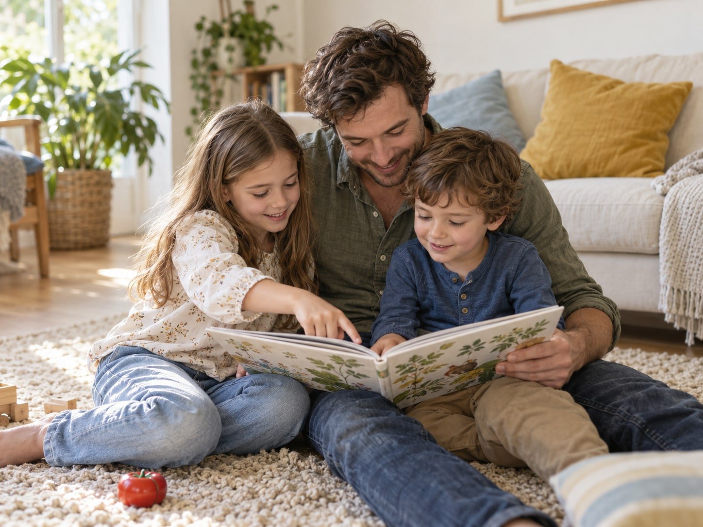 A father and two young children sharing a picture book on a living room rug